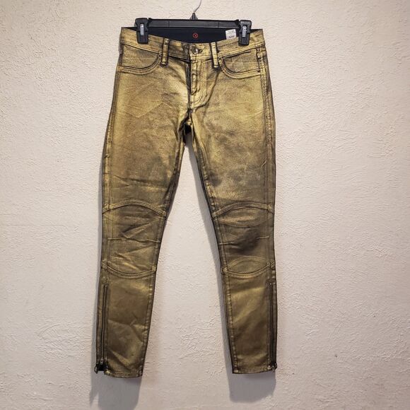 SINCLAIR MFGRP. Slim Print Jeans Metallic Gold Distressed Skinny 28
